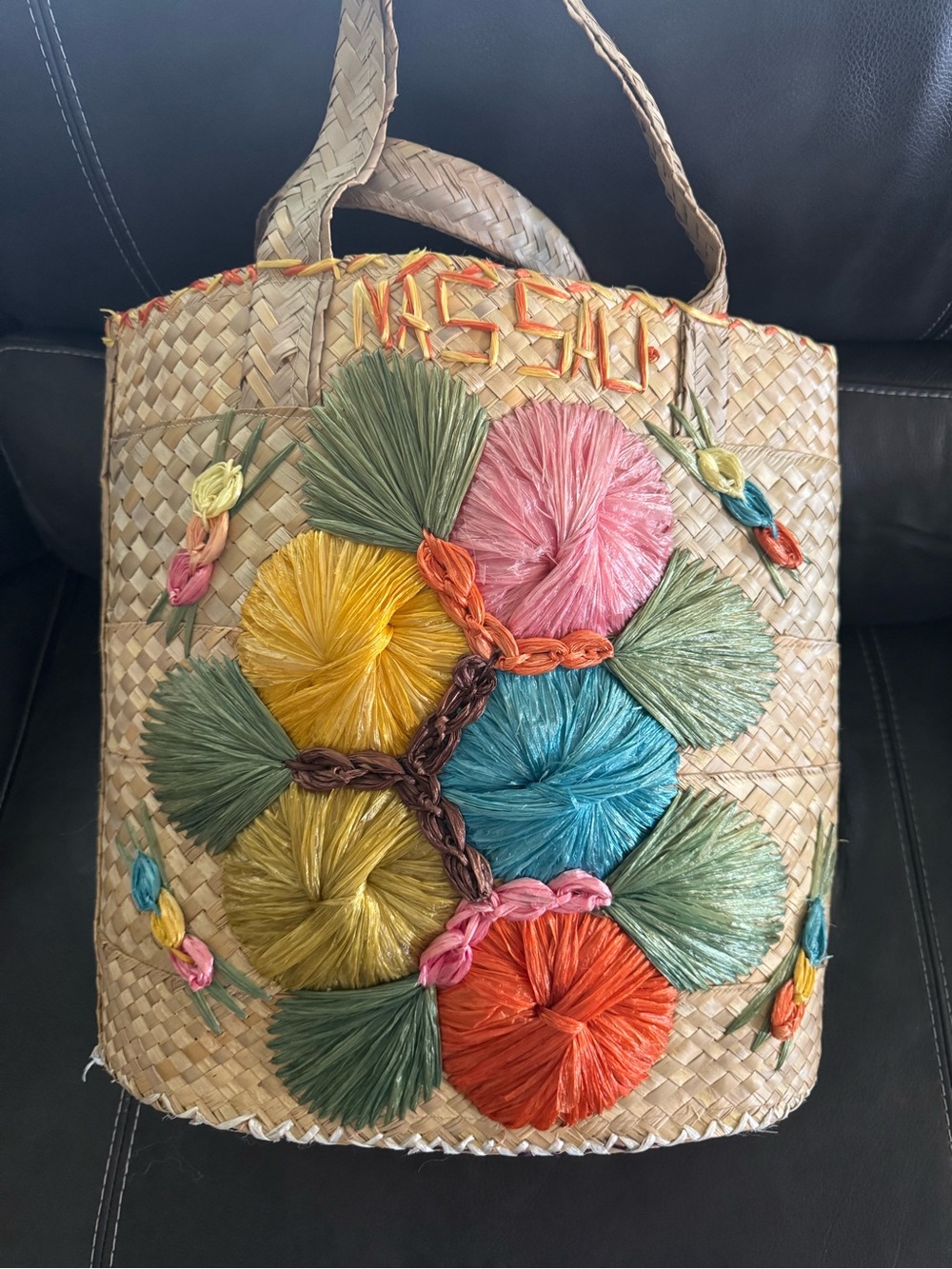 Vintage 1960s Nassau Straw Tote Bag Mid-Century 3D Raffia Floral Beach Souvenir